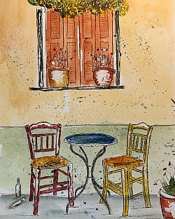 Patio Scene - pen and mixed media 8 x 10